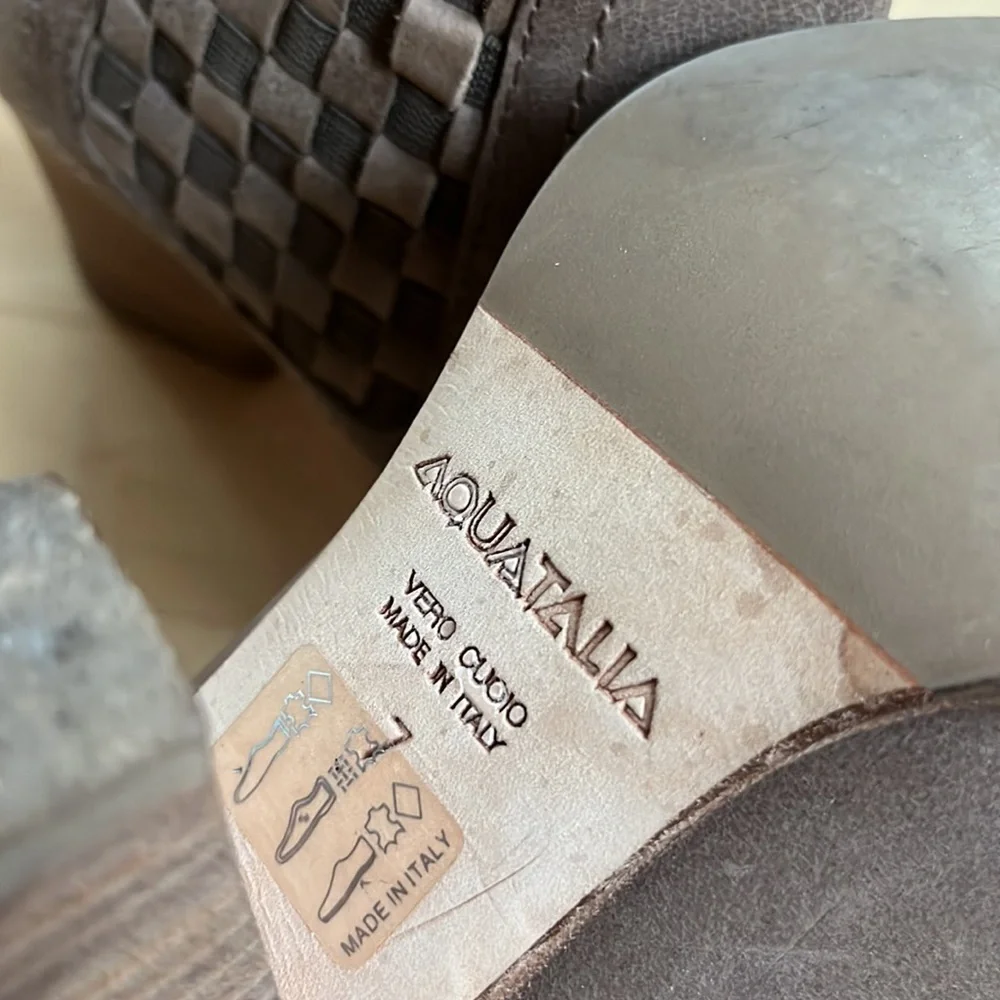 Aquatalia Basket-Weave Tan Leather Frannie Weatherproof Ankle Heeled Booties - Picture 6 of 15